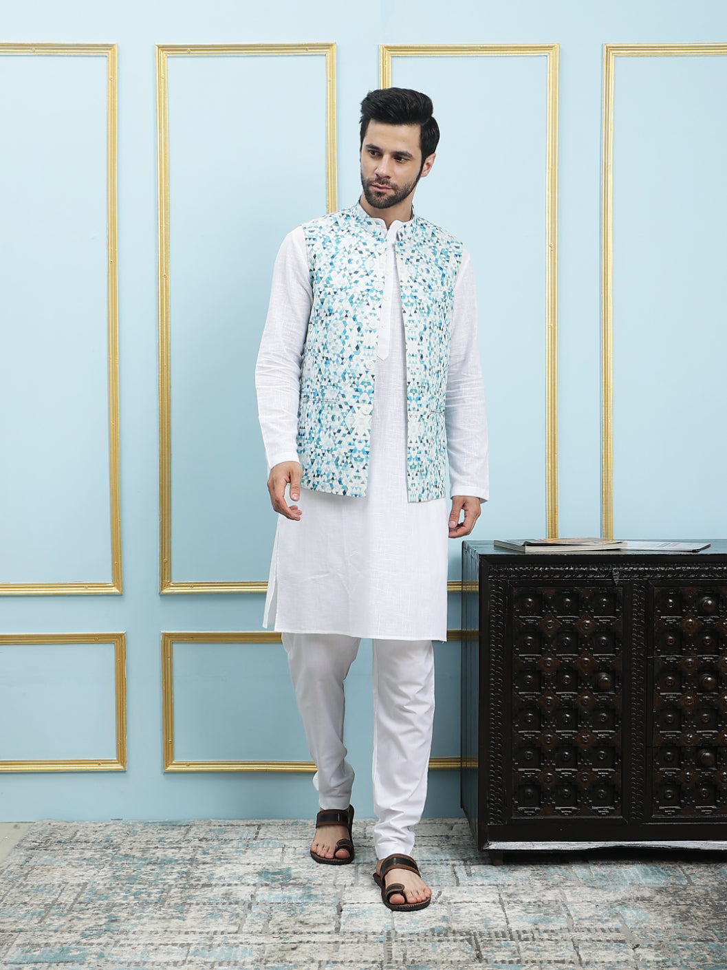 Pure Cotton Straight Kurta & Pyjama with Printed Nehru Jacket