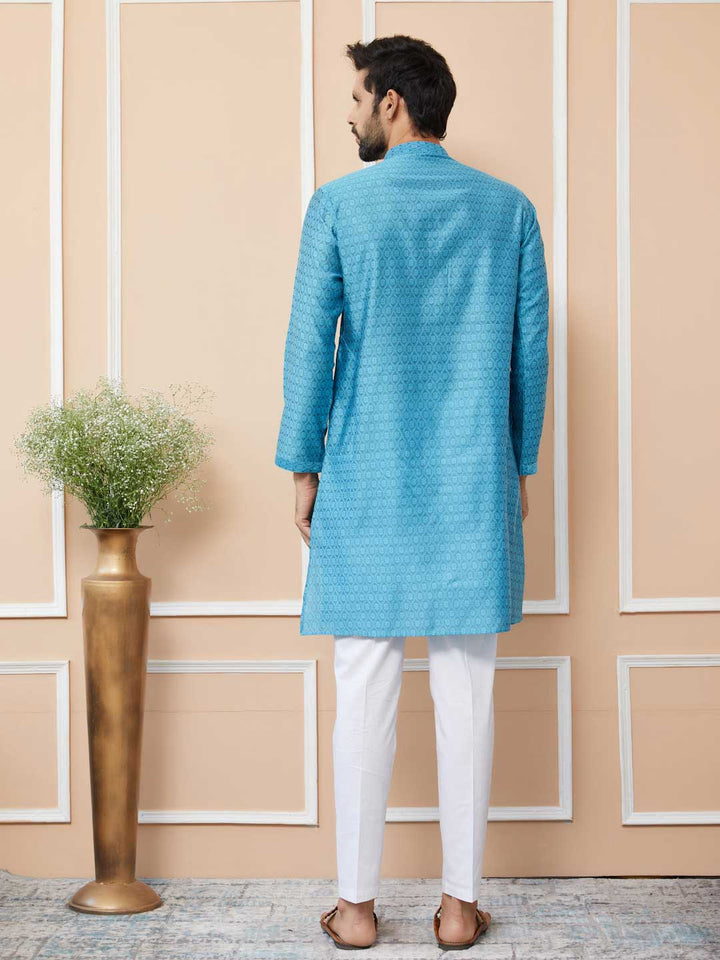 Light Blue Ethnic Motifs Silk Jacquard Woven Design Straight Kurta with Pyjama