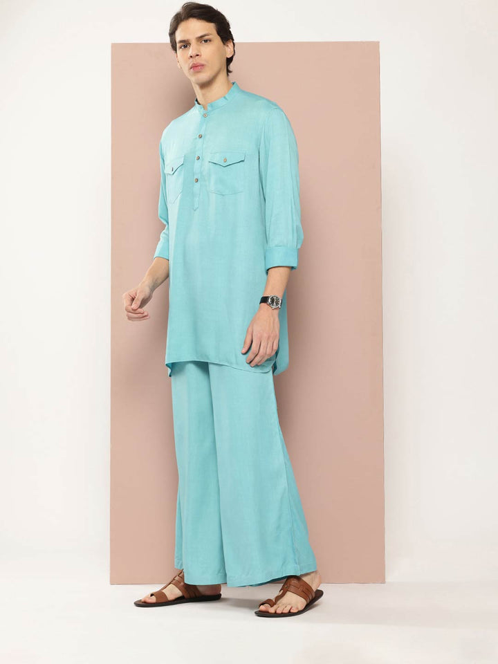 Men's Light Blue Rayon Solid Pathani Set