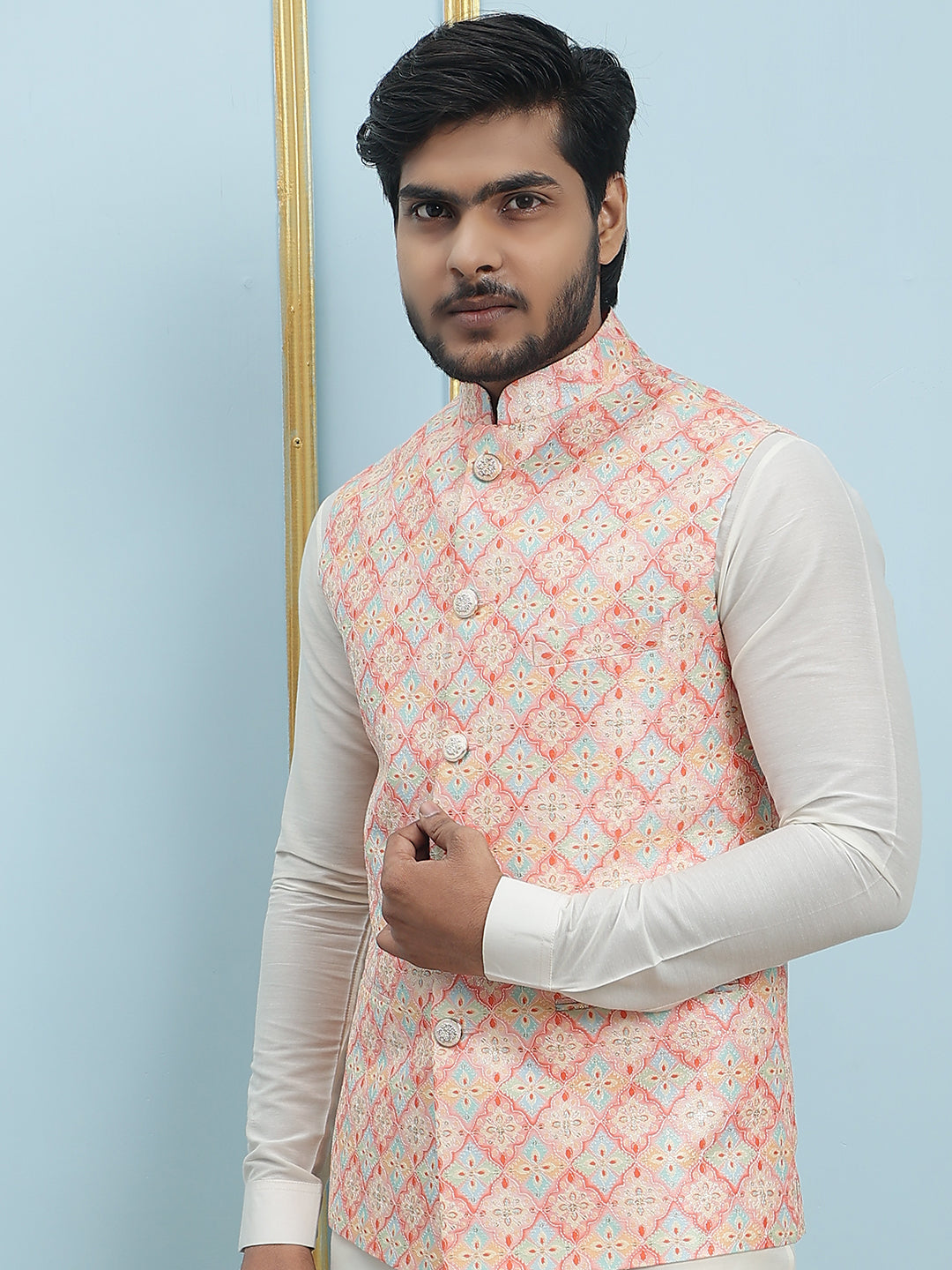 Pure Silk Kurta & Pyjama with Sequins Embroidered Nehru Jacket