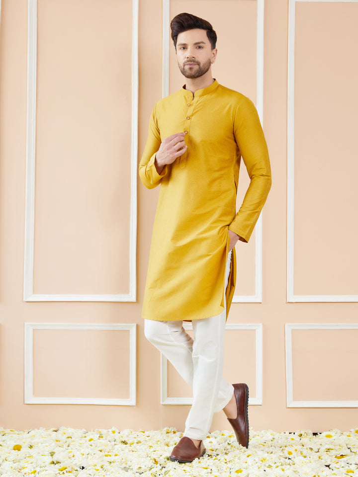 Yellow Cotton Solid Straight Kurta with Pyjama