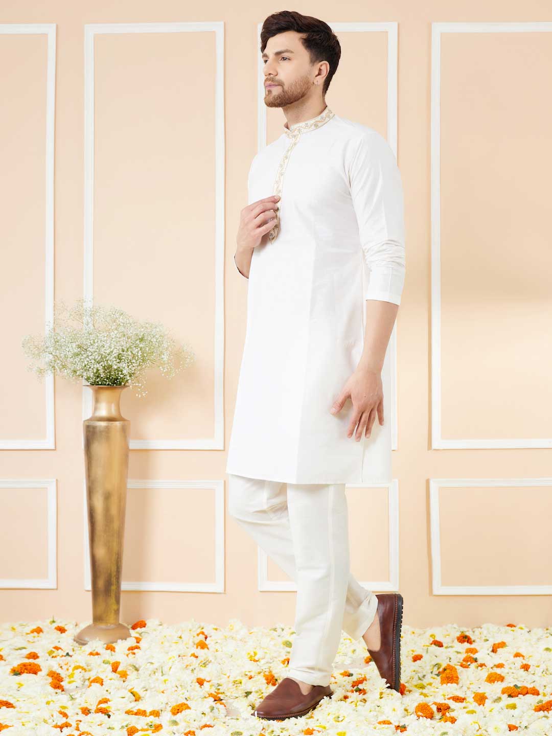 Cream Solid Cotton Straight Kurta with Emboridered neckline