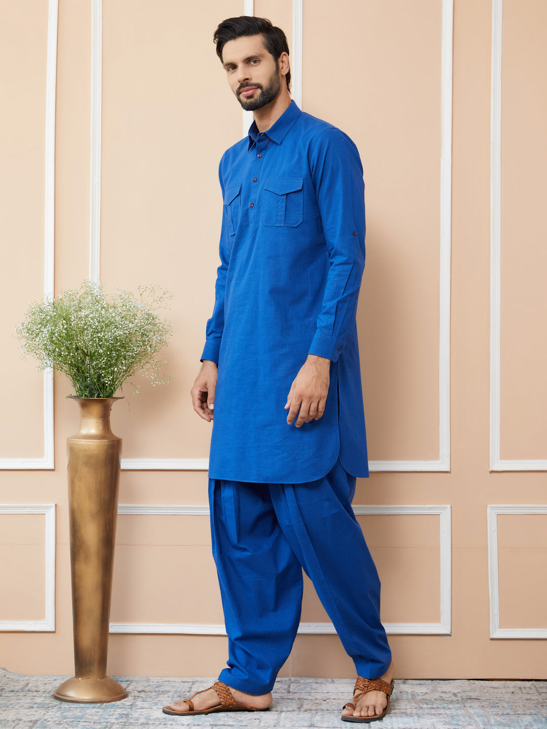 Blue Cotton Slub Pathani kurta with Salwar