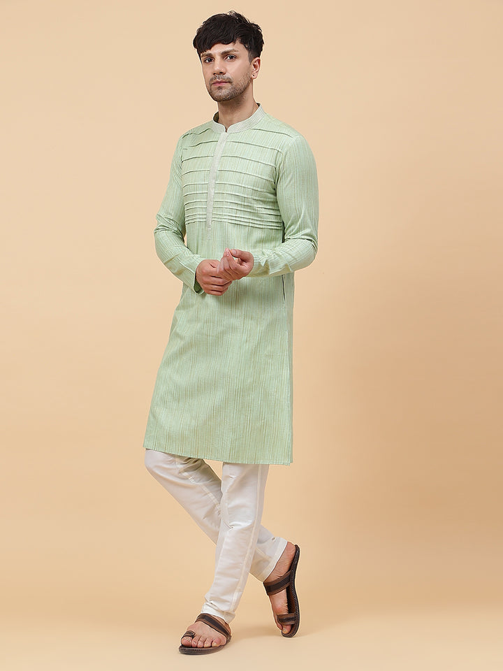 Embroidered Pintuck Cotton Silk Straight Kurta with Pyjama