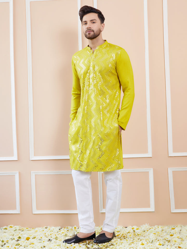 Men Lime Green Sequins Embroidered Chanderi Silk Straight Kurta With Pajama