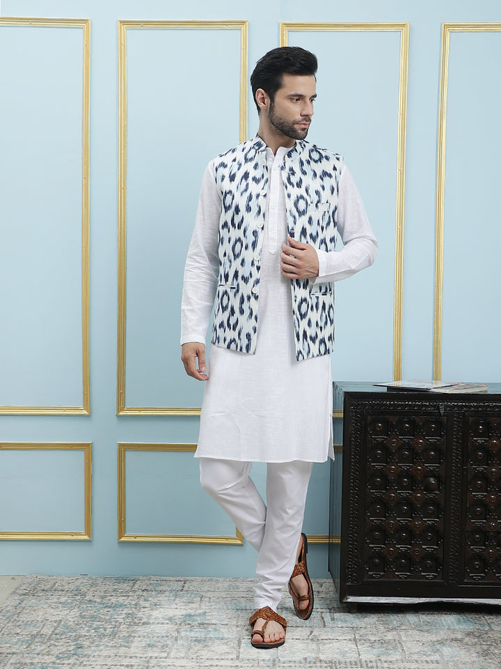 Pure Cotton Straight Kurta & Pyjama with Printed Nehru Jacket