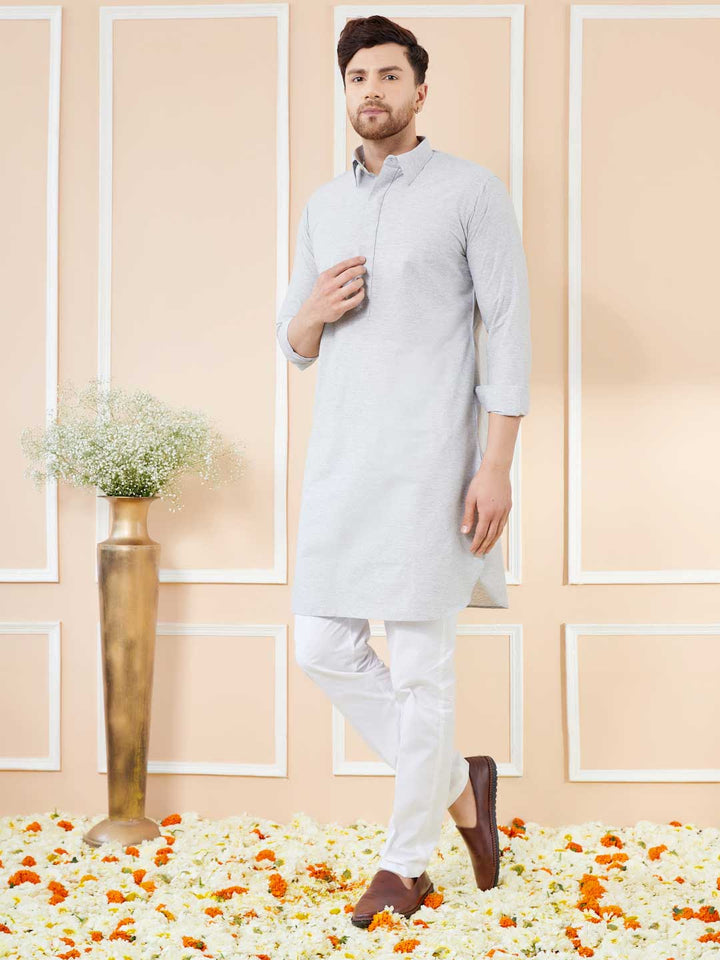 Grey Cotton Solid Pathani Kurta with Pyjama