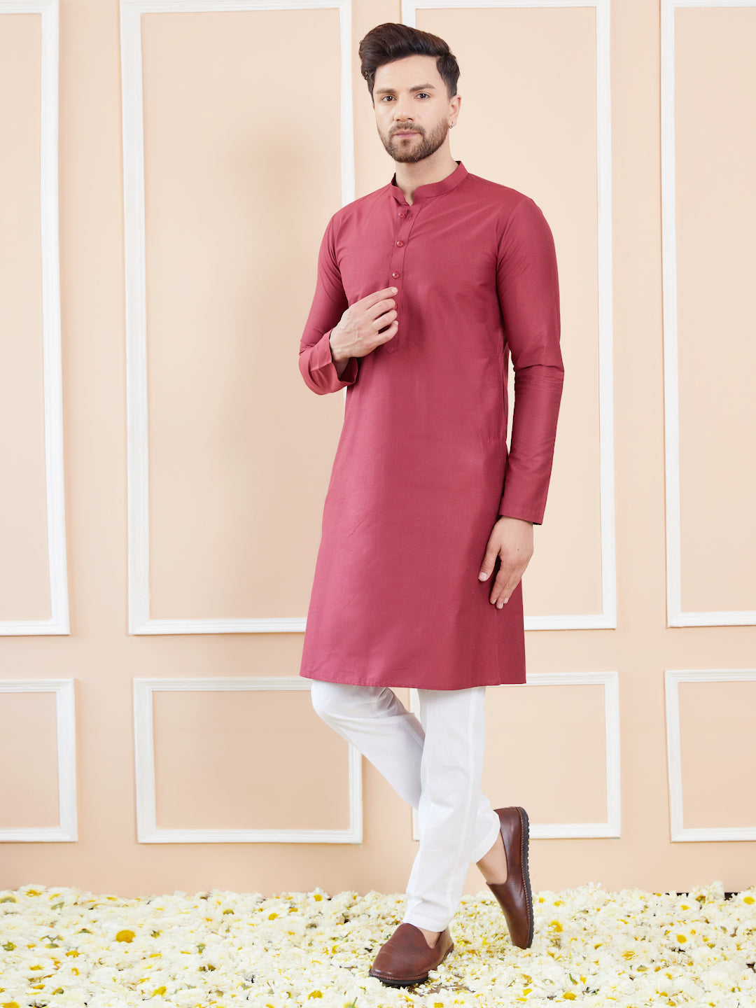 Maroon Cotton Solid Straight Kurta