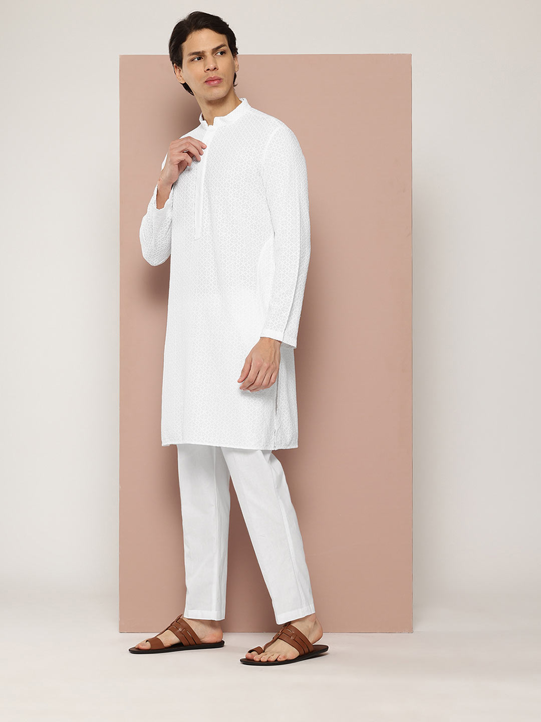 Men’s White Rayon Kurta with Embroidered Chikankari, Paired with Pyjama