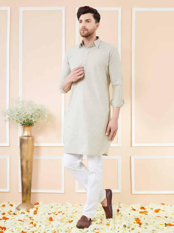 Cream Cotton Solid Pathani Kurta with Pyjama