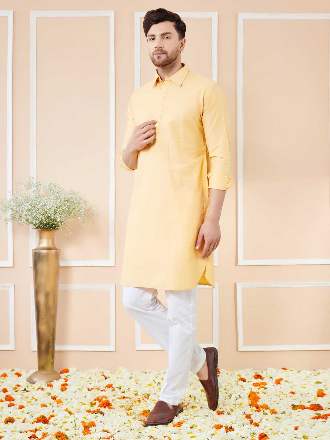 Yellow Cotton Solid Pathani Kurta with Pyjama