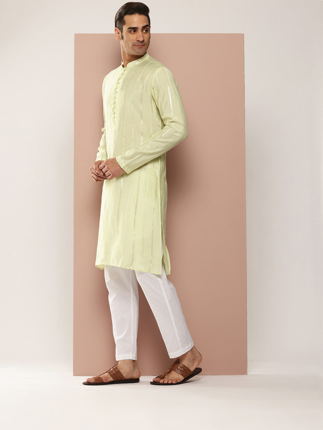 Cream Chanderi Silk Kurta with Sequin Embroidery, Paired with Pyjama