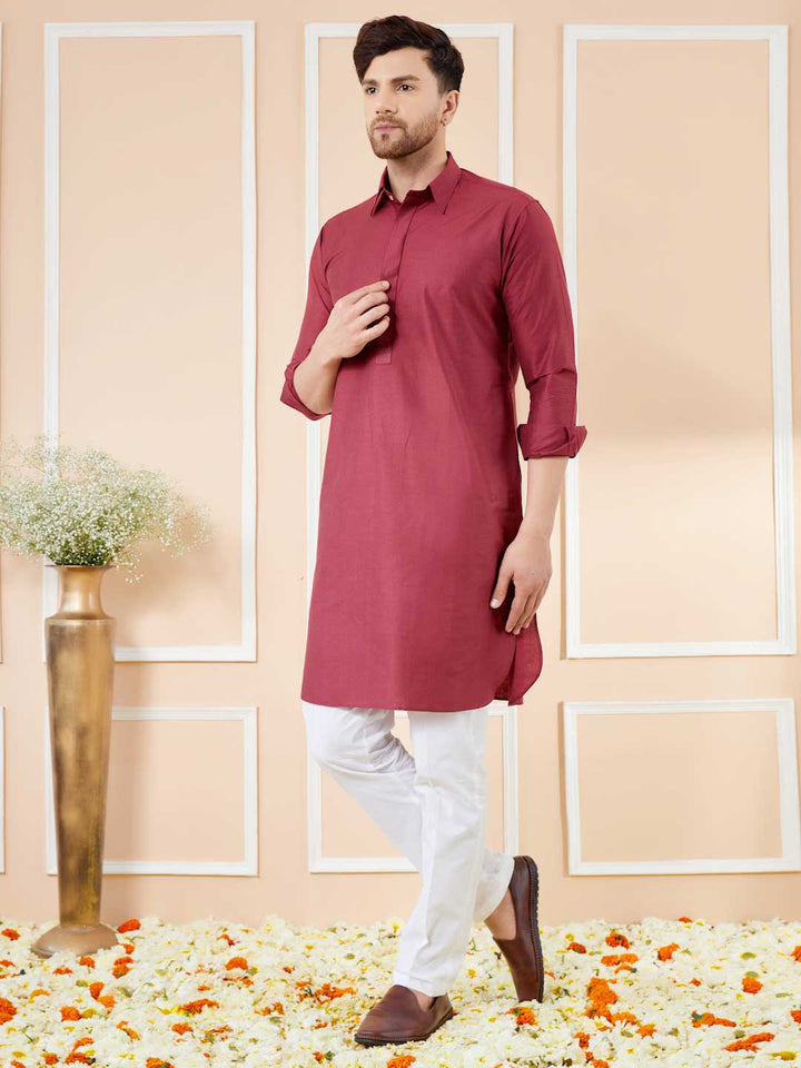 Maroon Cotton Solid Pathani Kurta