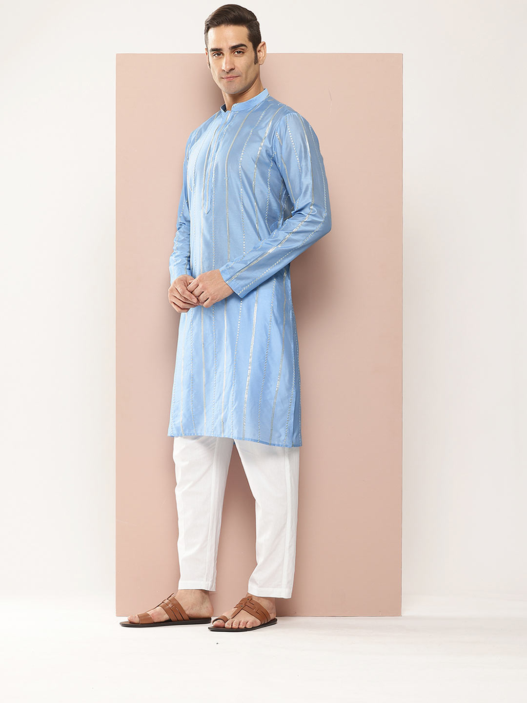 Men's Blue Chanderi Silk Embroidered Kurta, Paired with Pyjama