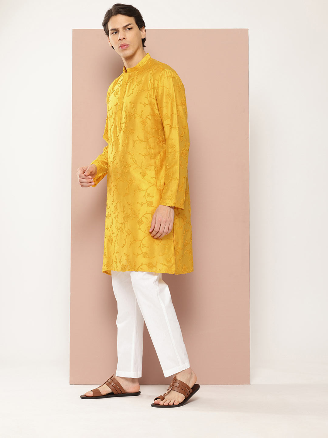 Men's Mustard Chanderi Silk Embroidered Kurta, Paired with Pyjama