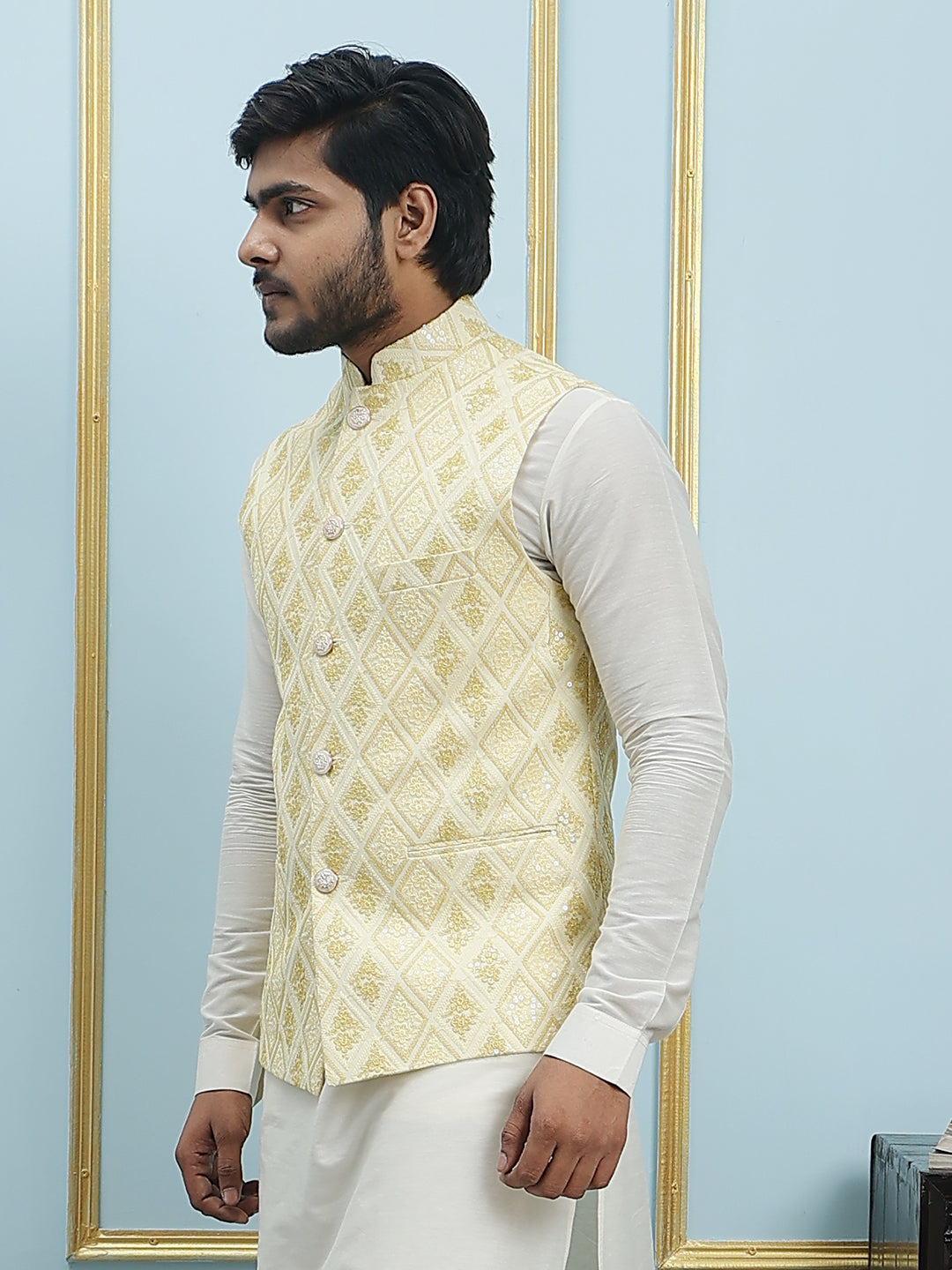 Pure Silk Kurta & Pyjama with Sequins Embroidered Nehru Jacket