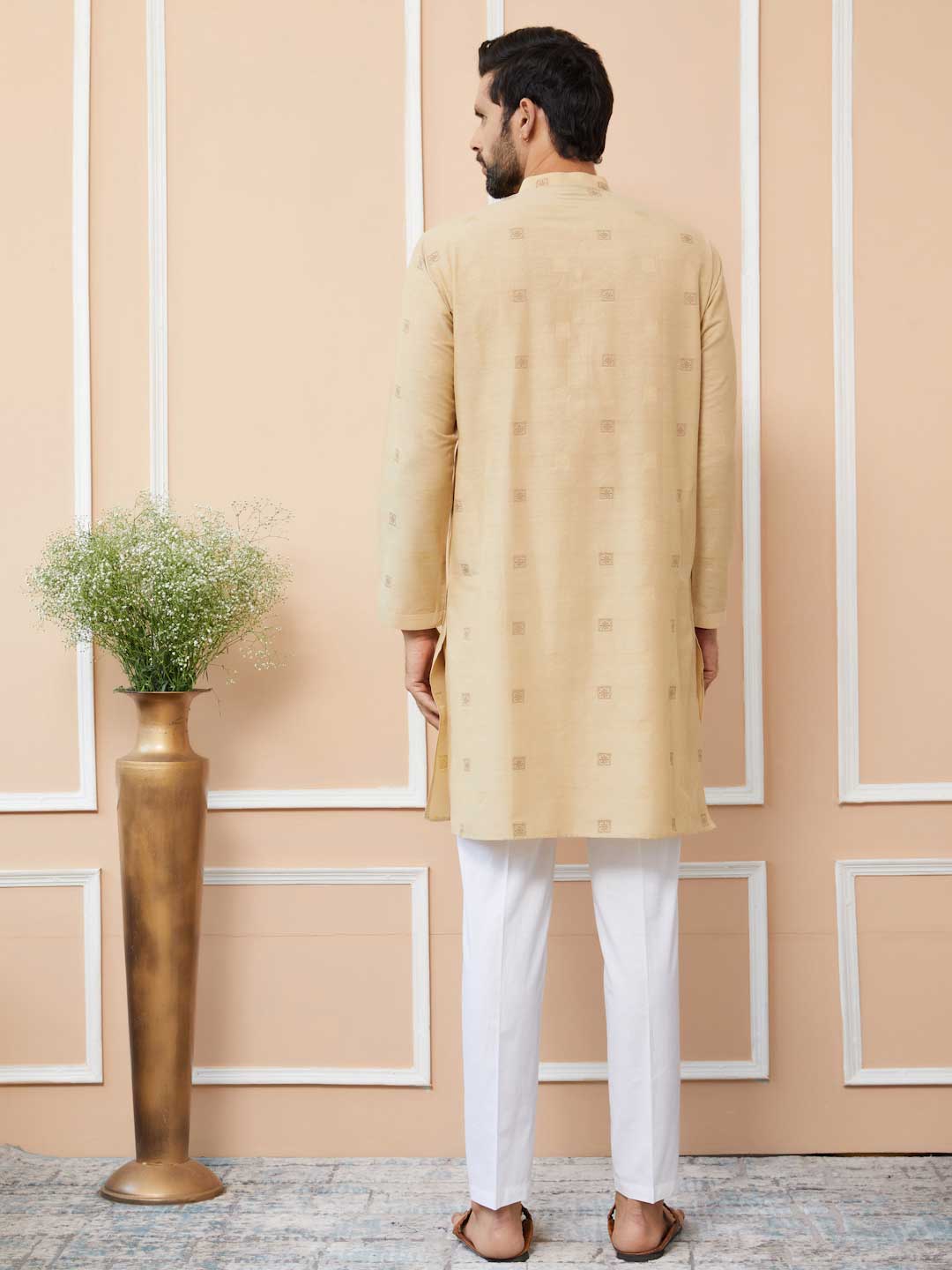 Beige Cotton Handloom motifs Straight Kurta