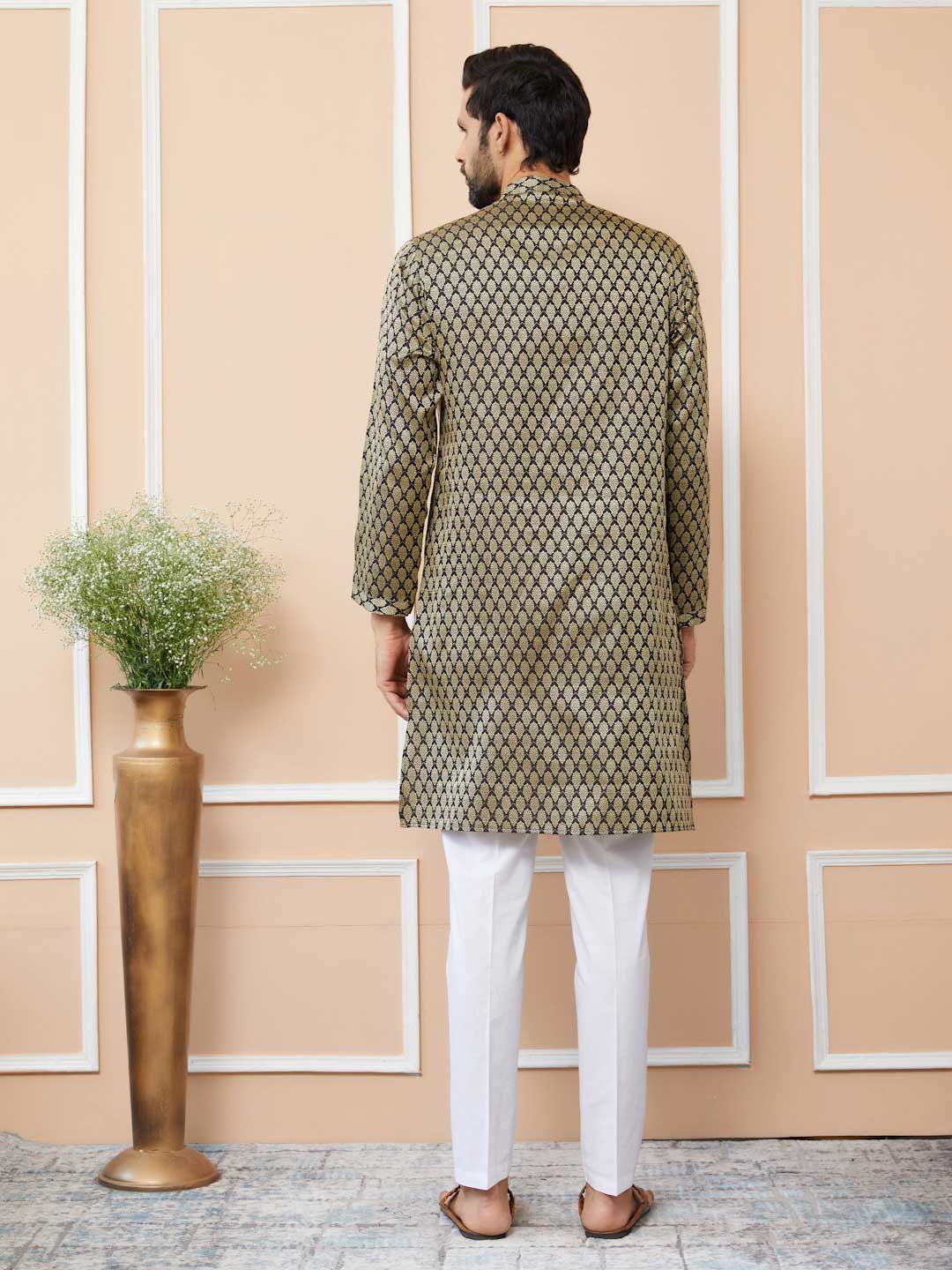 Black Ethnic Motifs Silk Jacquard Woven Design Straight Kurta with Pyjama