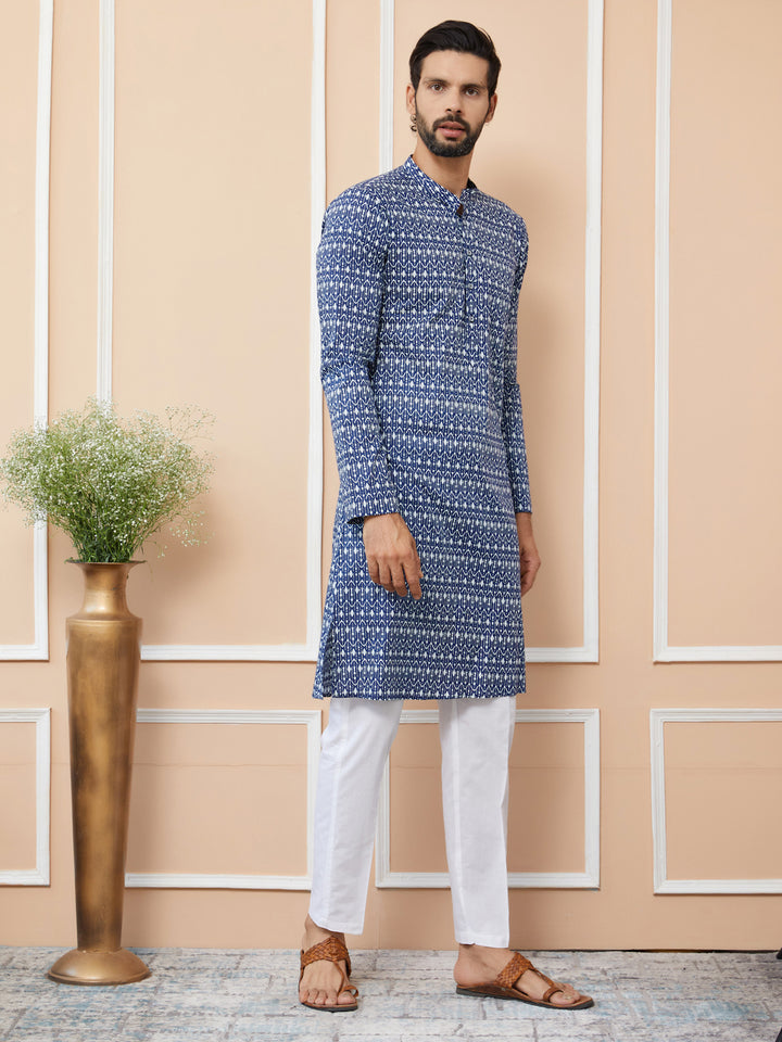 Blue Printed Pure Cotton Straight Kurta with Pyjama