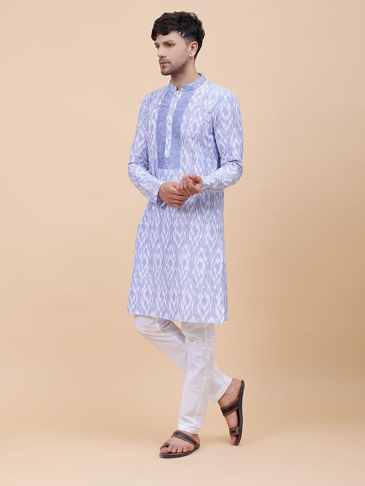 Printed Ikat Pure Cotton Straight Kurta with Embroidered Neck Design and Pyjama