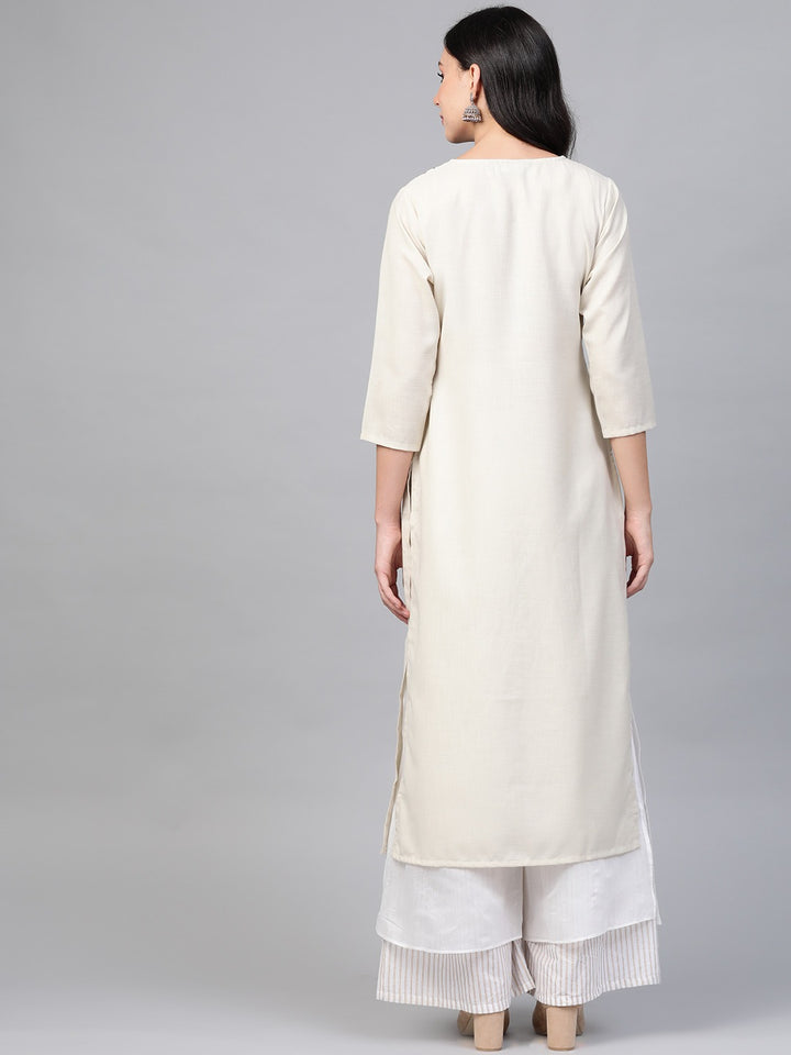 Women Beige And Pink Embroidered Straight Kurta