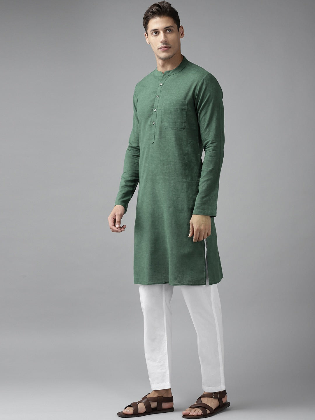 Men Emerald Green Cotton Slub Straight Kurta