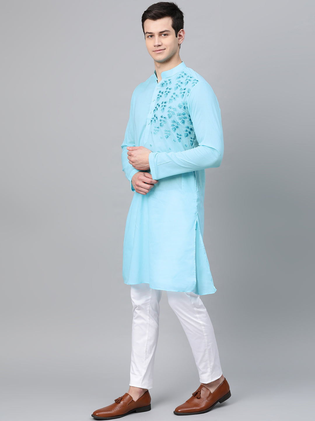 Aqua Blue Embroidered Straight kurta with Pyjama