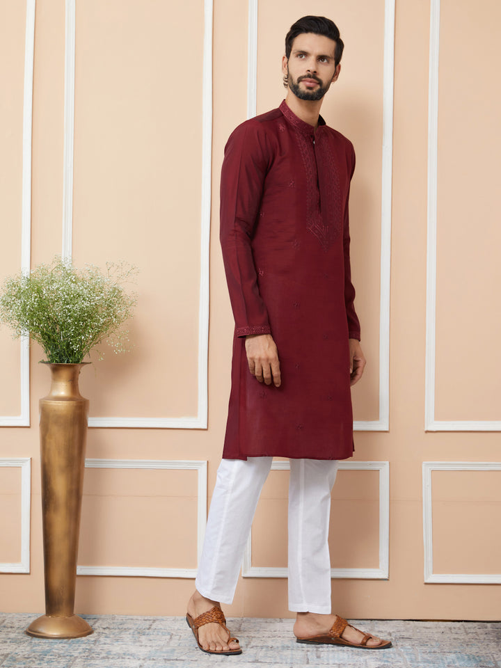 Maroon Embroidered Chanderi Silk Straight Kurta