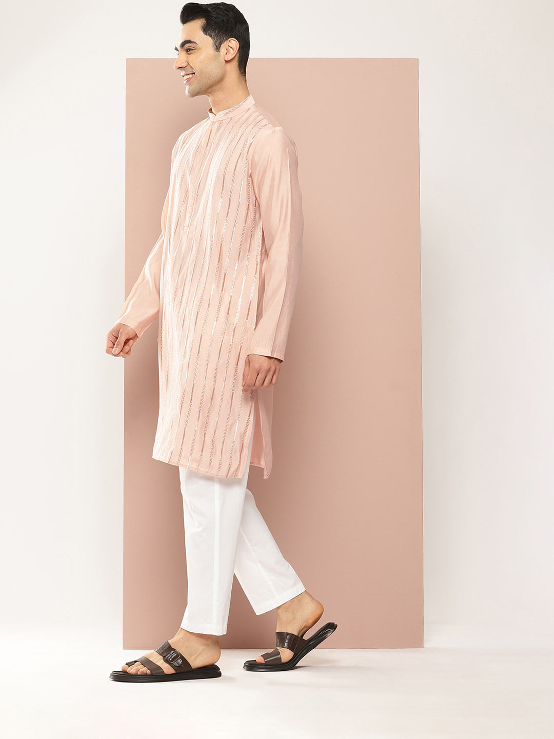 Men’s Pink Chanderi Silk Kurta with Sequin Embroidery, Paired with Pyjama