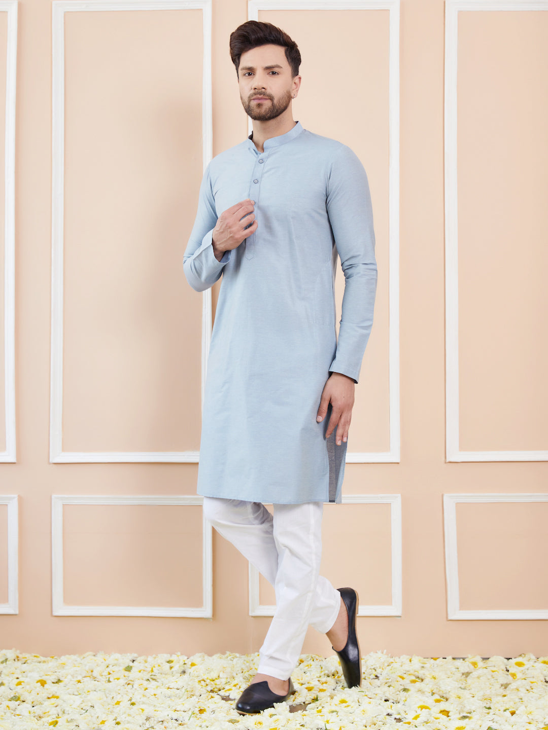 Blue Cotton Solid Straight Kurta with Pyjama