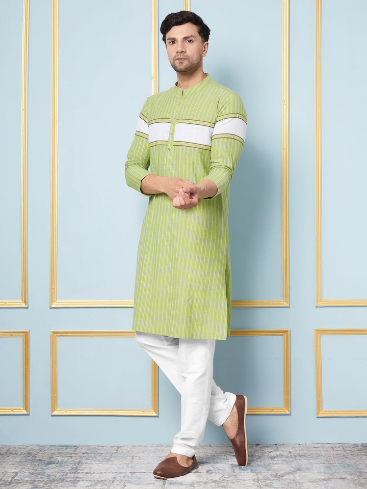 Green Woven Striped Straight Kurta With Pyjama