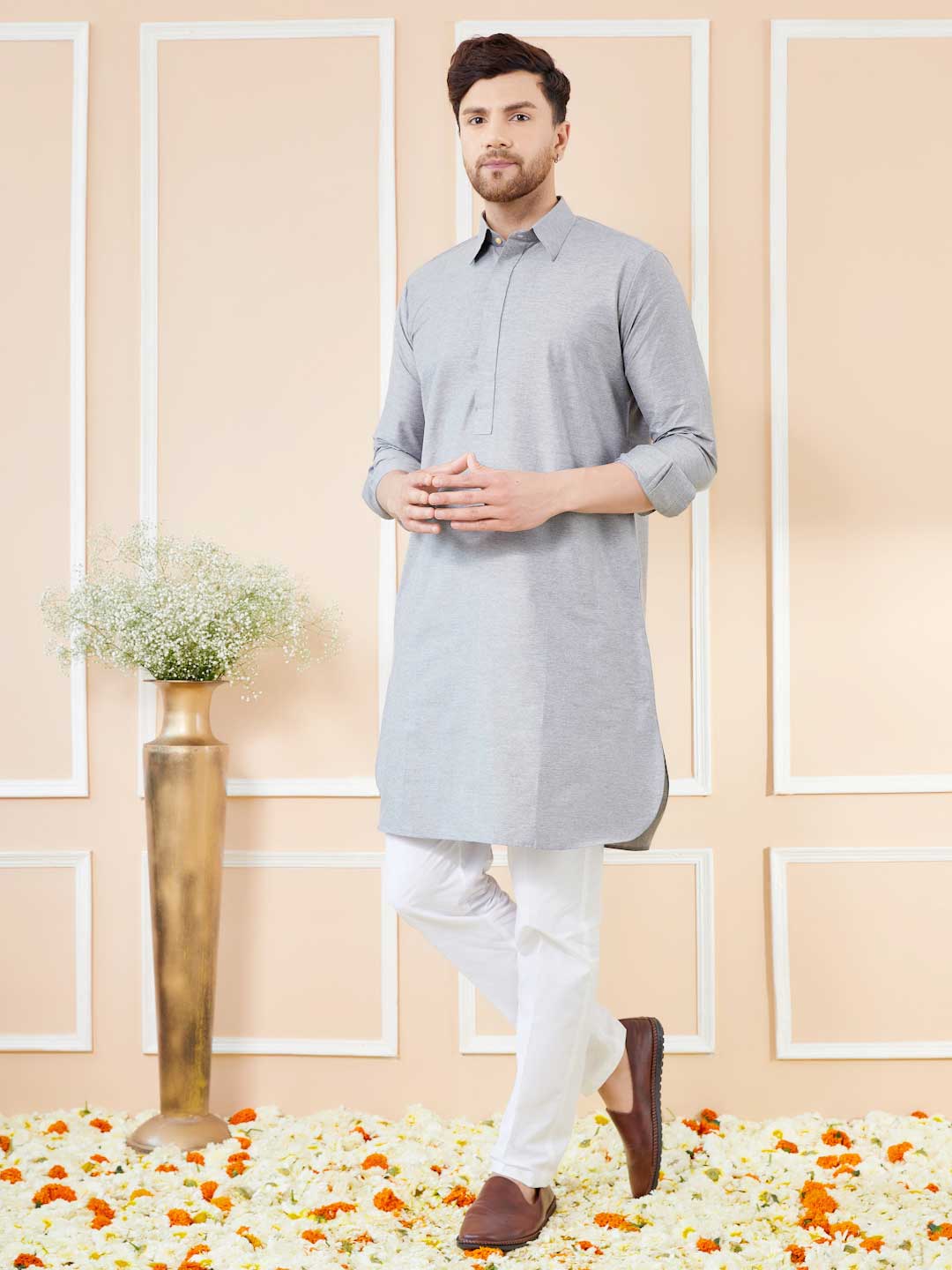 Grey Cotton Solid Pathani Kurta with Pyjama