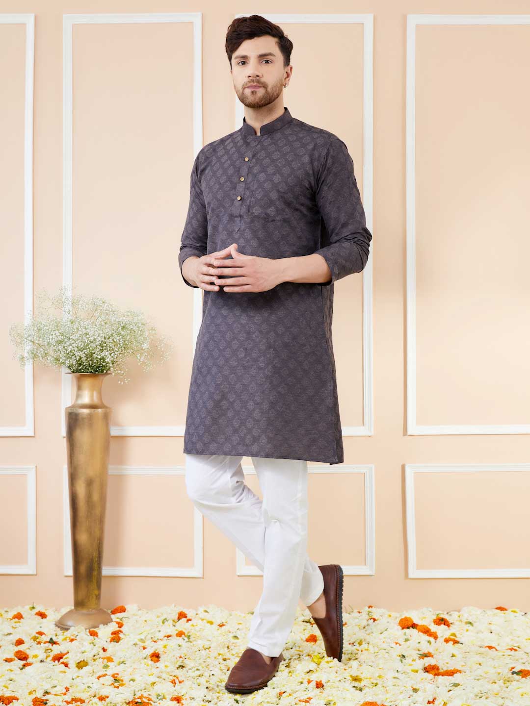 Black Ethnic Motifs Silk Jacquard Woven Design Straight Kurta