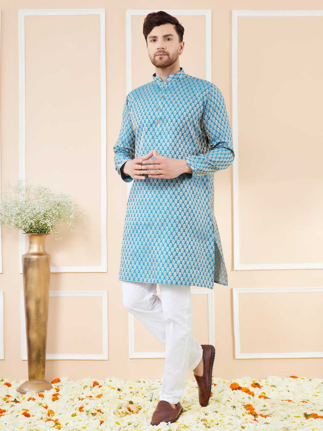 Blue Ethnic Motifs Silk Jacquard Woven Design Straight Kurta