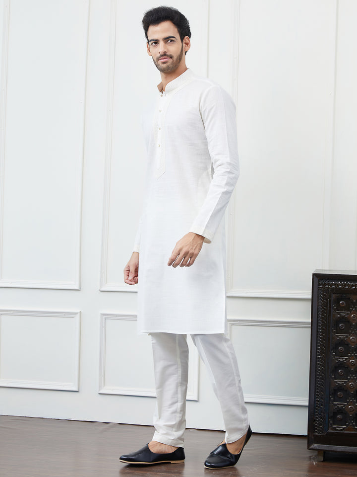 Solid Pure Cotton Straight Kurta with Embroidered Sequin Neck Design and Pyjama