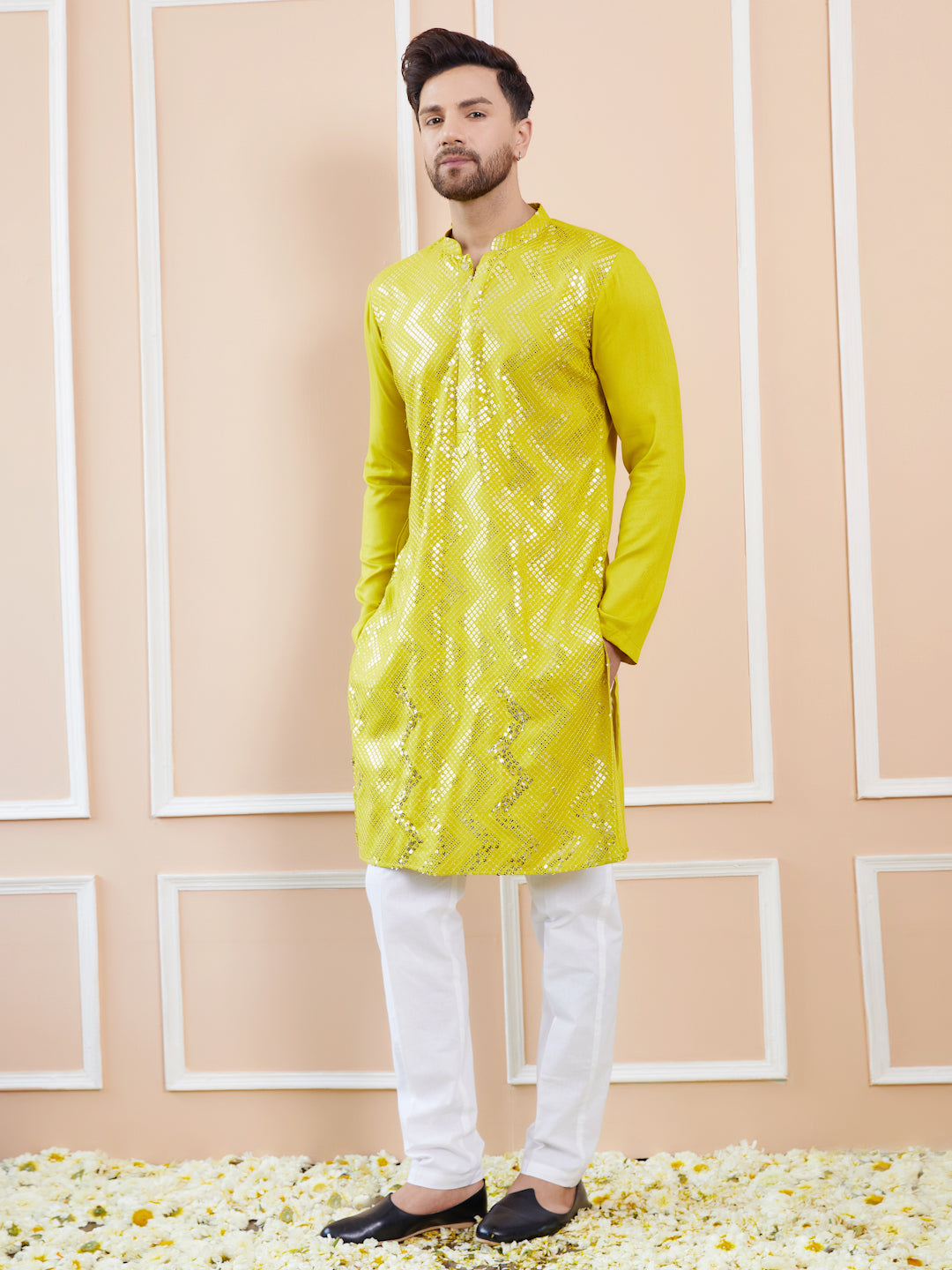 Men Lime Green Sequins Embroidered Chanderi Silk Straight Kurta