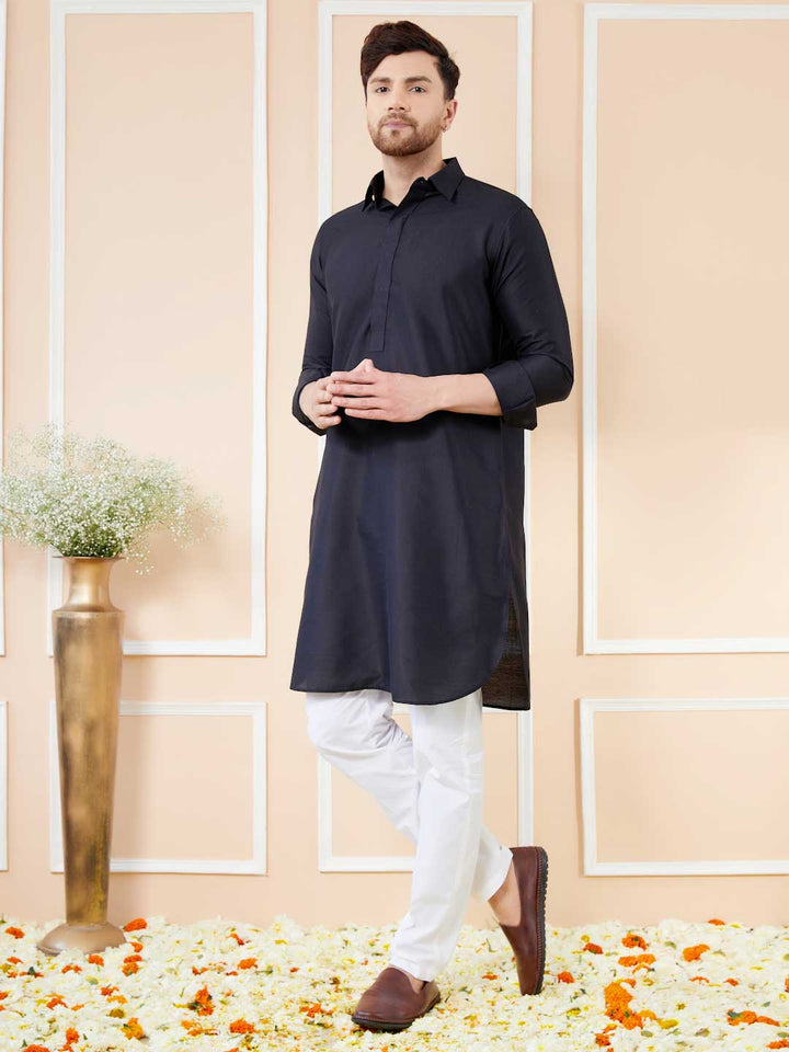 Black Cotton Solid Pathani Kurta with Pyjama