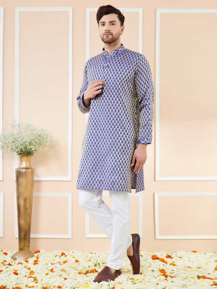 Blue Ethnic Motifs Silk Jacquard Woven Design Straight Kurta with Pyjama