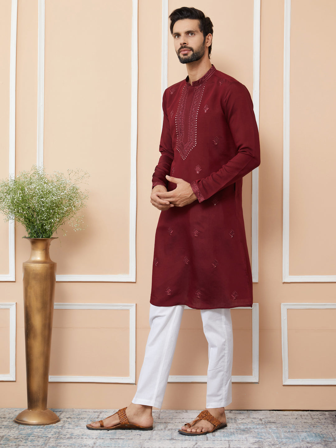 Dark Maroon Embroidered Chanderi Silk Straight Kurta