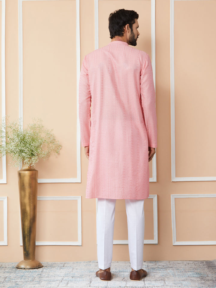 Pink Embroidered Thread Work Sequinned Chanderi Silk Straight Kurta with Pyjama