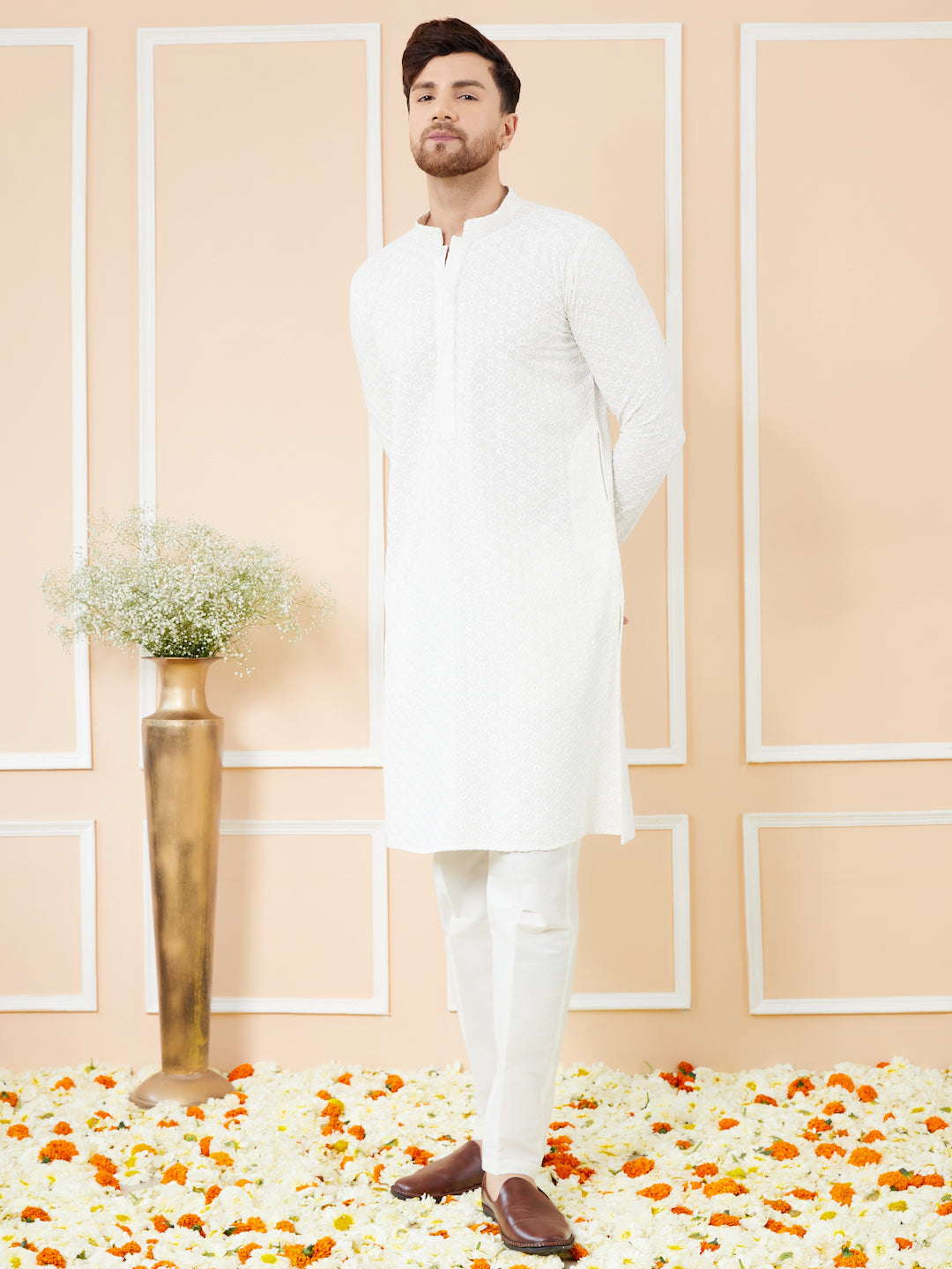 White Sequins Embroidered Rayon Kurta with Pyjama