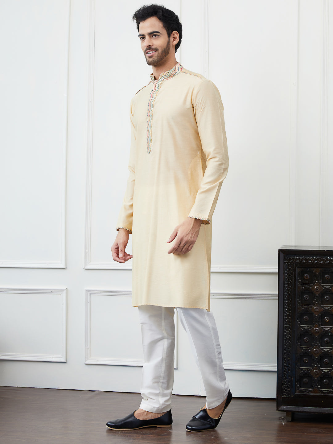 Solid Pure Cotton Straight Kurta with Embroidered Flacked and Pyjama