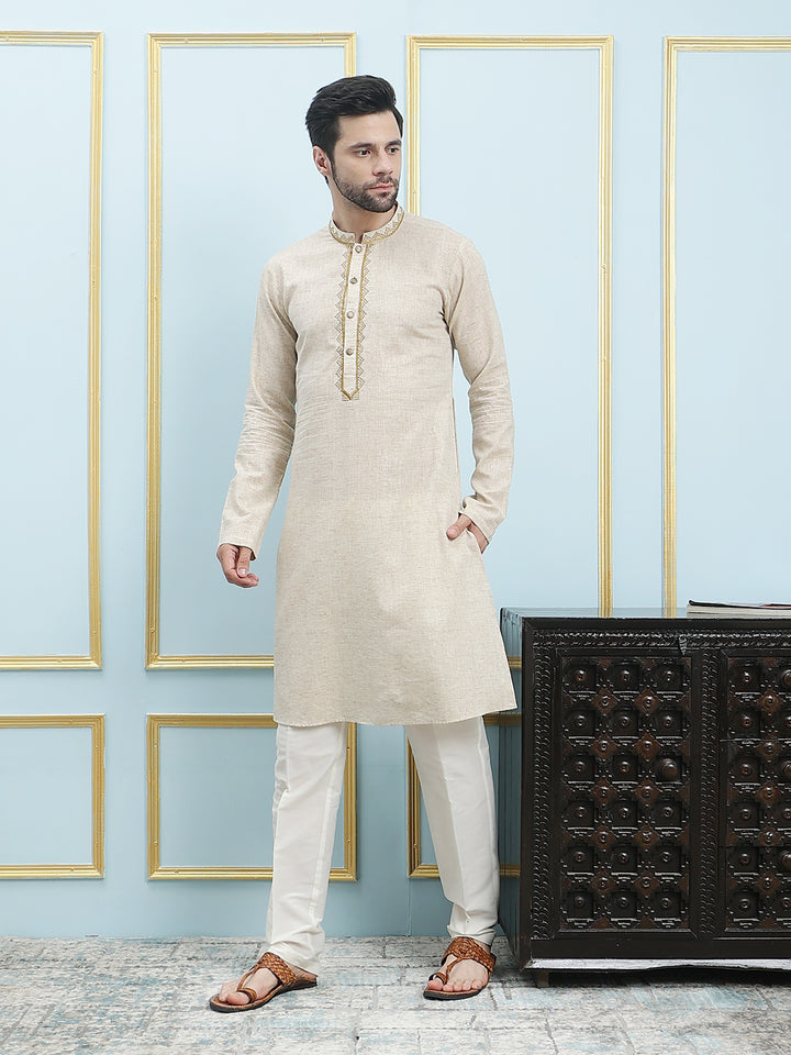 Solid Pure Cotton Straight Kurta with Embroidered Neck Design and Pyjama