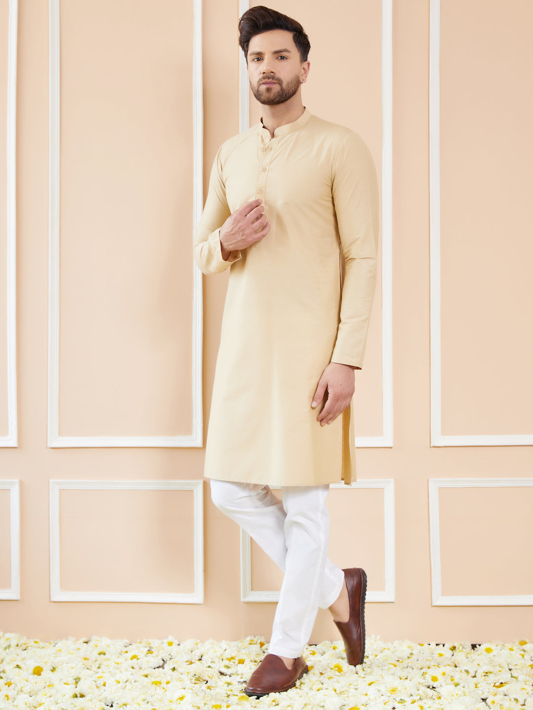 Cream Cotton Solid Straight Kurta with Pyjama