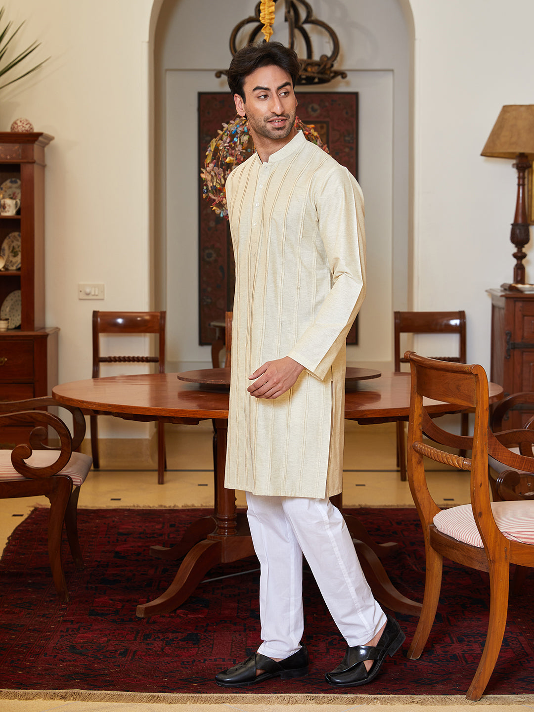 Pintuck Cotton Silk Straight Kurta with Pyjama