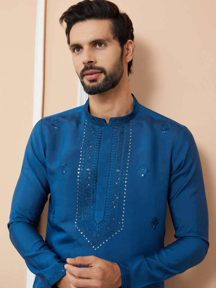 Dark Blue Embroidered Chanderi Silk Straight Kurta