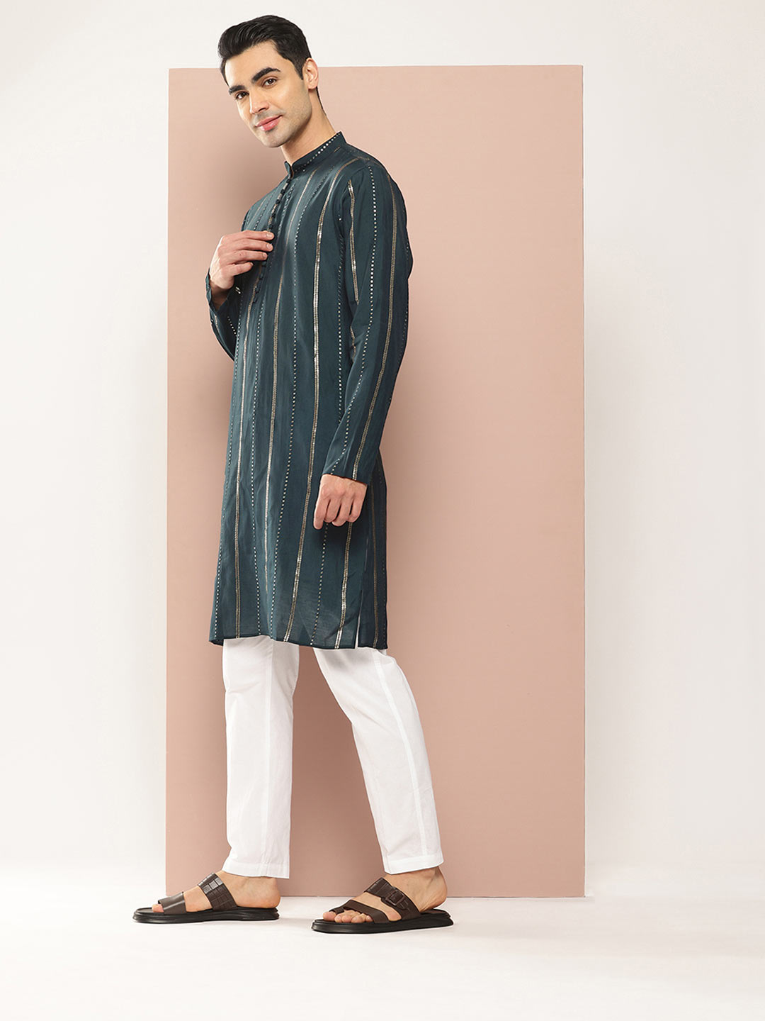 Dark Blue Chanderi Silk Kurta with Sequin Embroidery, Paired with Pyjama