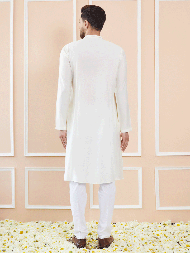 Men Off White and Gold Sequins Embroidered Chanderi Silk Straight  Kurta