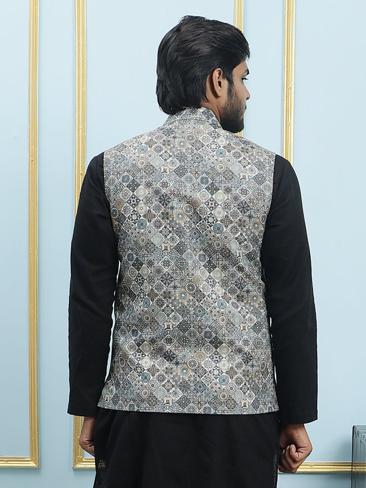 Pure Cotton Straight Kurta & Pyjama Set with Printed Cotton Nehru Jacket