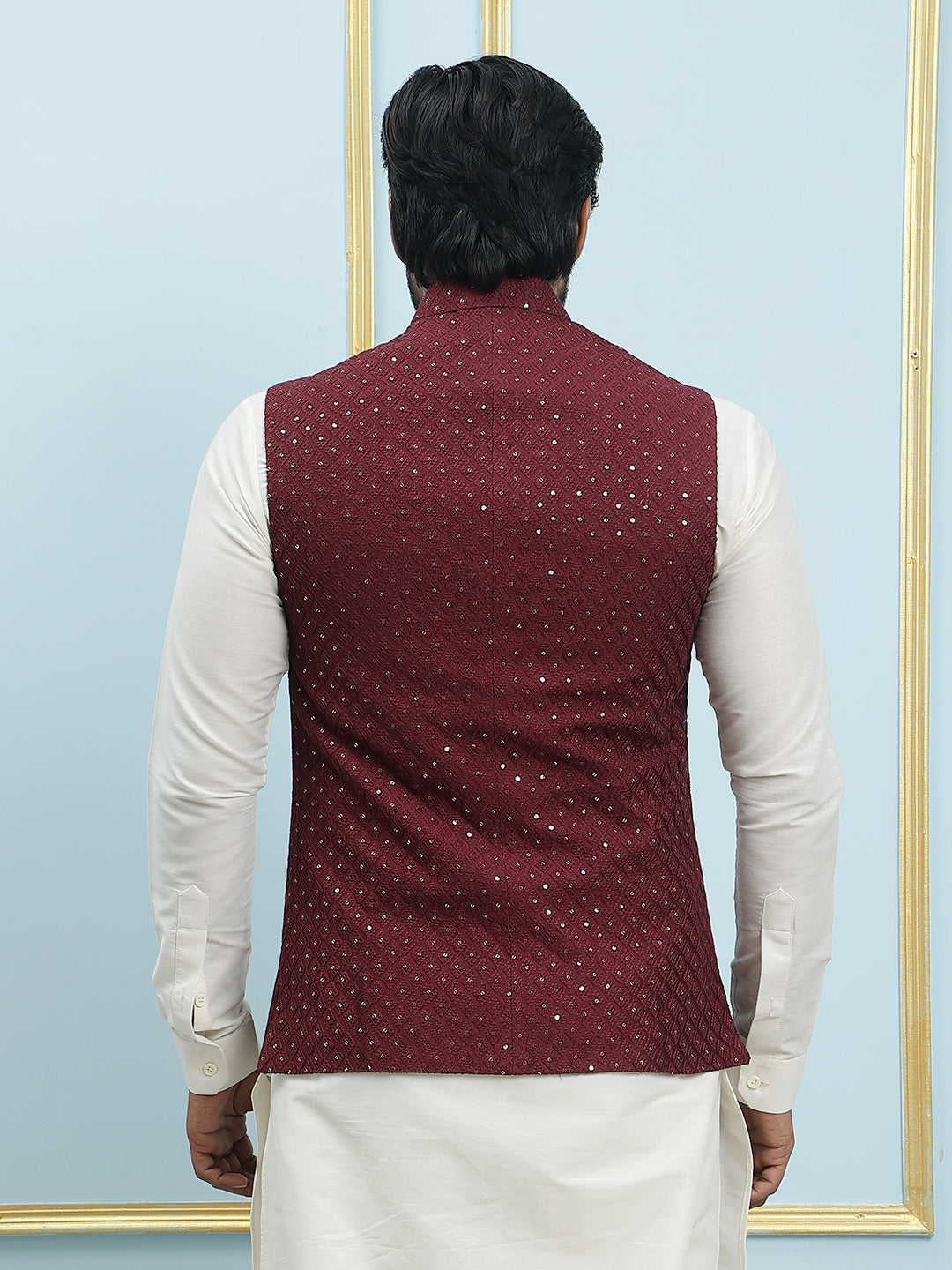 Pure Silk Kurta & Pyjama with Sequins Embroidered Nehru Jacket